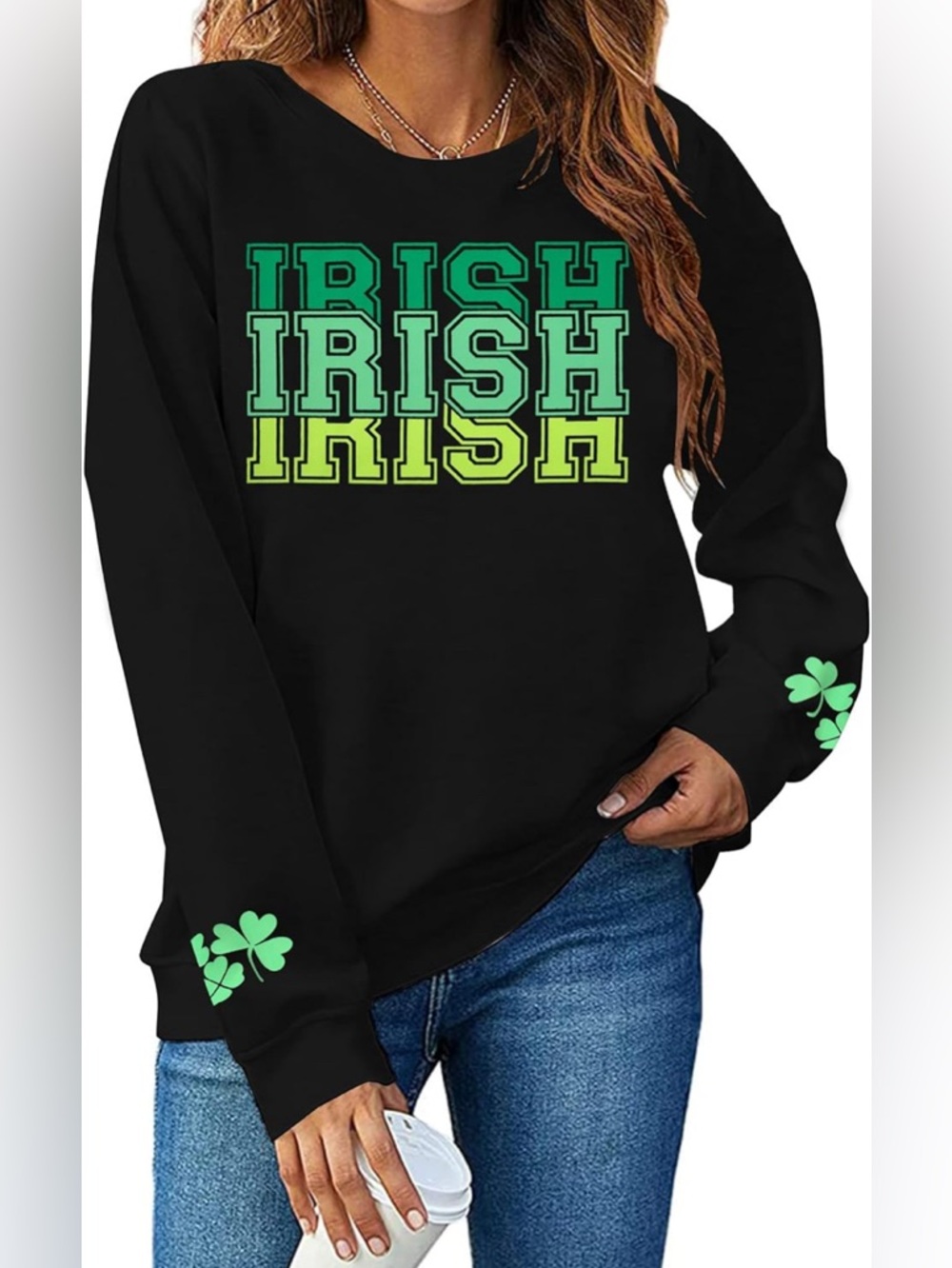 Black Irish Graphic Sweatshirt with Green Shamrock Accents